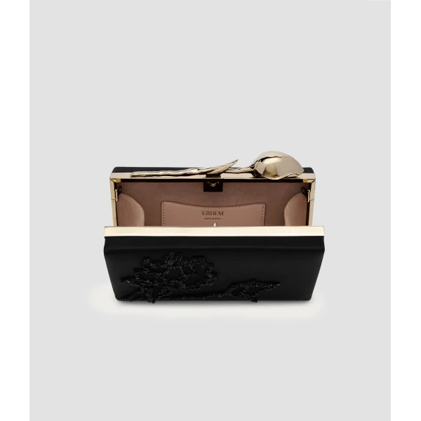 Erdem Bloom Minaudiere in Black Embellished Satin | Clutch Bags | Coveti