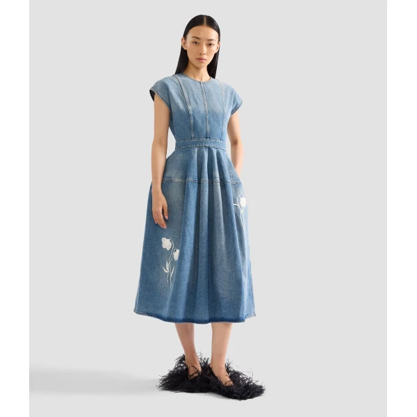 Erdem Embroidered Denim Short Sleeve Midi Dress | Midi Dresses | Coveti