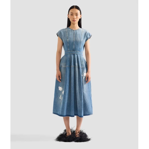 Erdem Embroidered Denim Short Sleeve Midi Dress | Midi Dresses | Coveti
