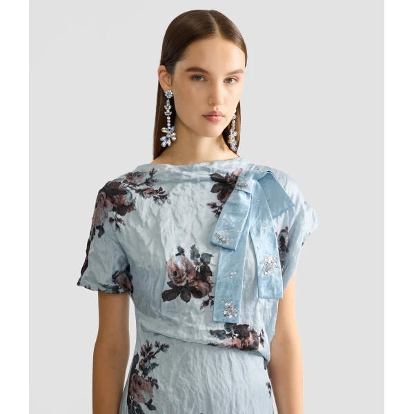 Erdem Embroidered Textured Satin Bow Brooch in Blue | Brooches & Pins | Coveti