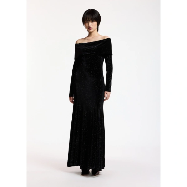 Essentiel Antwerp Black glitter off-shoulder maxi dress | Maxi Dresses | Coveti