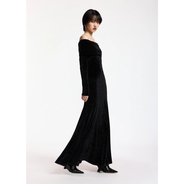 Essentiel Antwerp Black glitter off-shoulder maxi dress | Maxi Dresses | Coveti