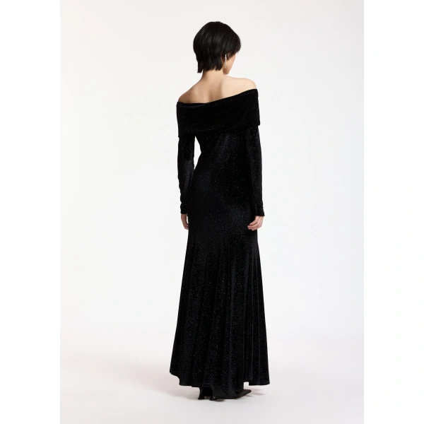 Essentiel Antwerp Black glitter off-shoulder maxi dress | Maxi Dresses | Coveti