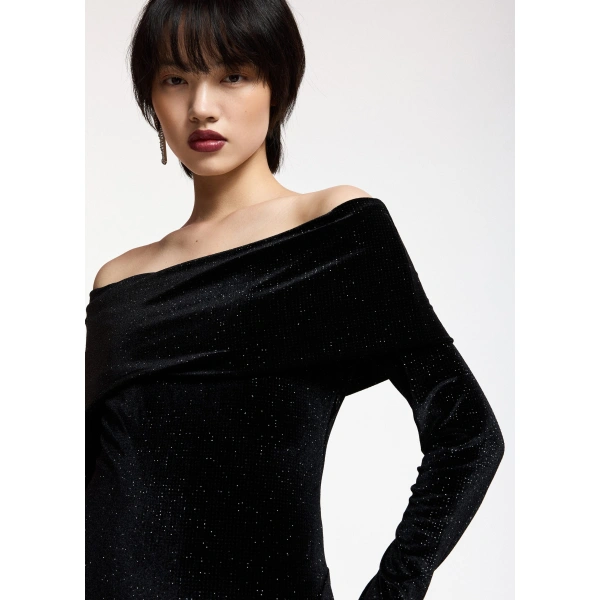 Essentiel Antwerp Black glitter off-shoulder maxi dress | Maxi Dresses | Coveti