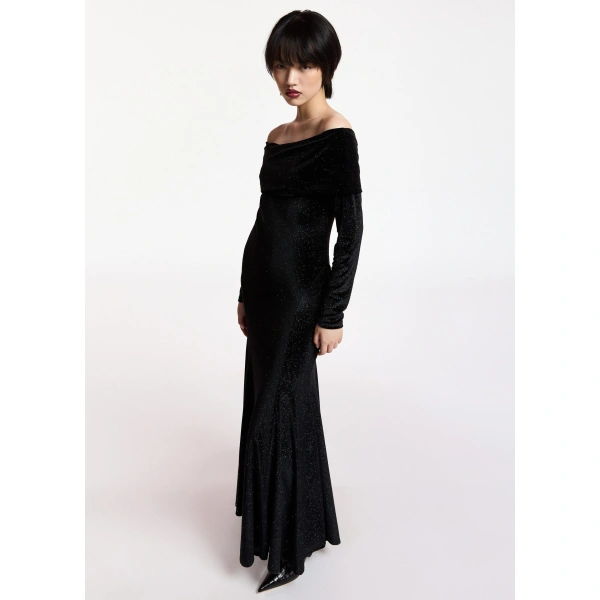 Essentiel Antwerp Black glitter off-shoulder maxi dress | Maxi Dresses | Coveti