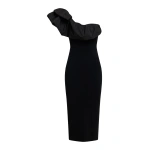 Essentiel Antwerp Black voluminous one-shoulder midi dress | Midi Dresses | Coveti
