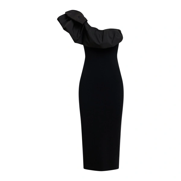 Black voluminous one-shoulder midi dress
