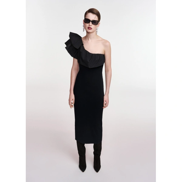 Essentiel Antwerp Black voluminous one-shoulder midi dress | Midi Dresses | Coveti