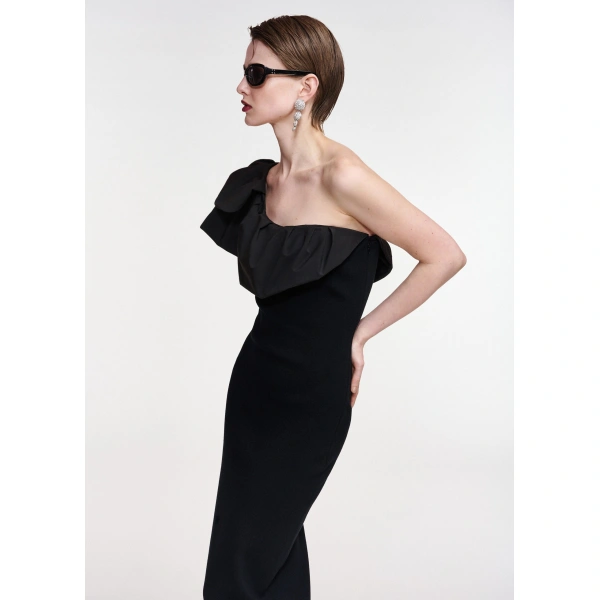 Essentiel Antwerp Black voluminous one-shoulder midi dress | Midi Dresses | Coveti