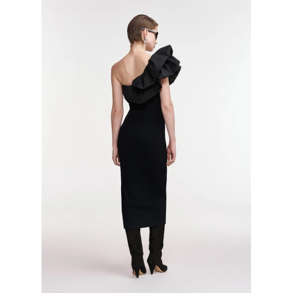 Essentiel Antwerp Black voluminous one-shoulder midi dress | Midi Dresses | Coveti
