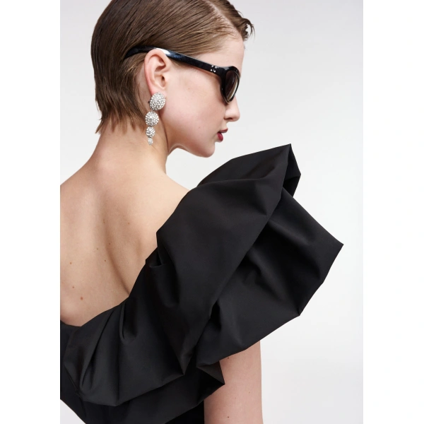 Essentiel Antwerp Black voluminous one-shoulder midi dress | Midi Dresses | Coveti