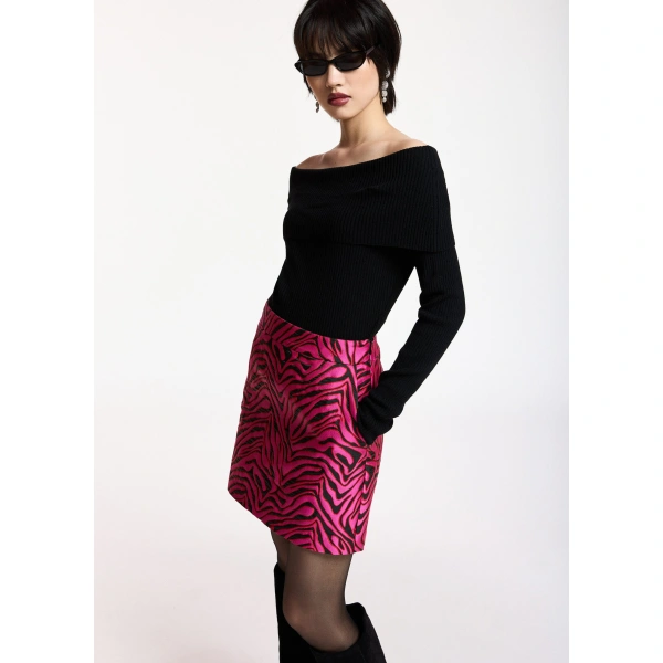 Essentiel Antwerp Bright pink zebra-jacquard mini skirt | Mini Skirts | Coveti