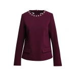 Essentiel Antwerp Burgundy tailored top with embellished neckline | Blouses | Coveti