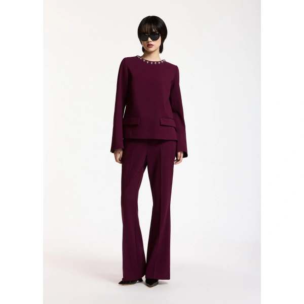 Essentiel Antwerp Burgundy tailored top with embellished neckline | Blouses | Coveti