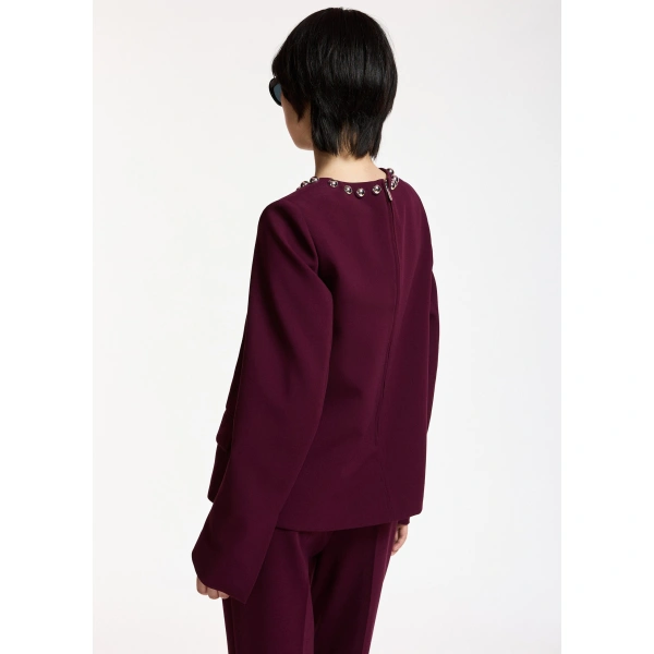 Essentiel Antwerp Burgundy tailored top with embellished neckline | Blouses | Coveti
