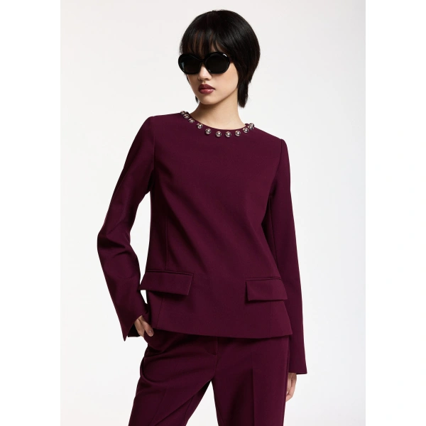 Essentiel Antwerp Burgundy tailored top with embellished neckline | Blouses | Coveti