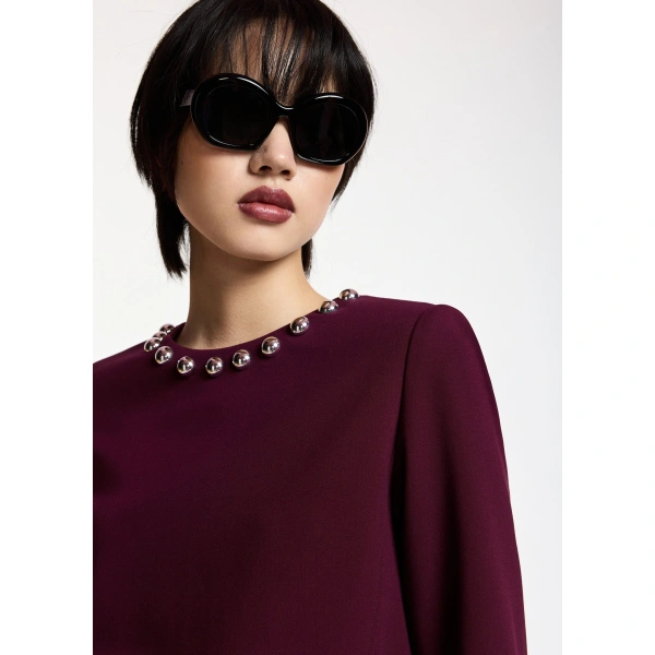 Essentiel Antwerp Burgundy tailored top with embellished neckline | Blouses | Coveti