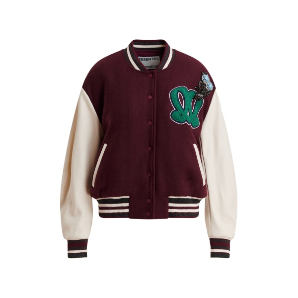 Burgundy varsity jacket with monogram embroidery
