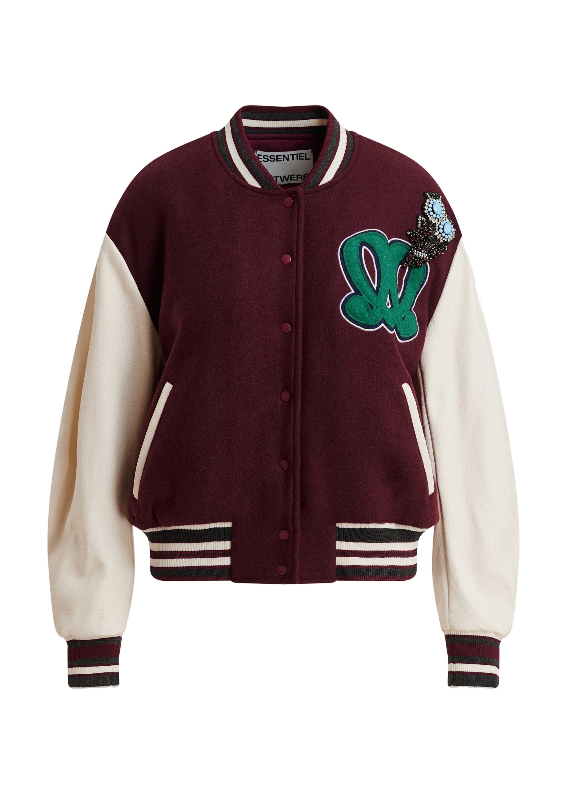 Essentiel Antwerp Burgundy varsity jacket with monogram embroidery Burgundy varsity jacket with monogram embroidery