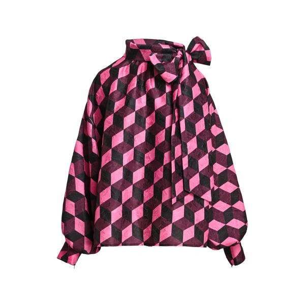Geometric-print pussy-bow top