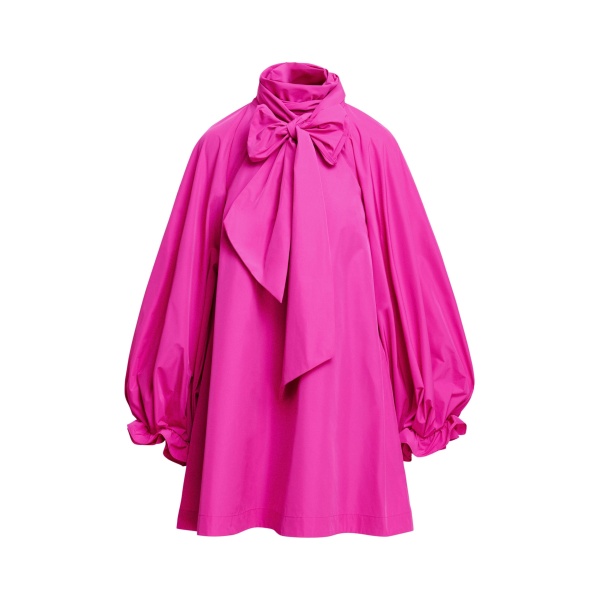 Pink oversized A-line mini dress with pussy-bow neckline