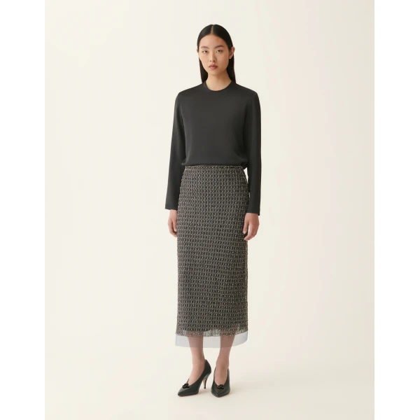 Fabiana Filippi Moonlight Embroidered Tulle Midi Pencil Skirt in Charcoal