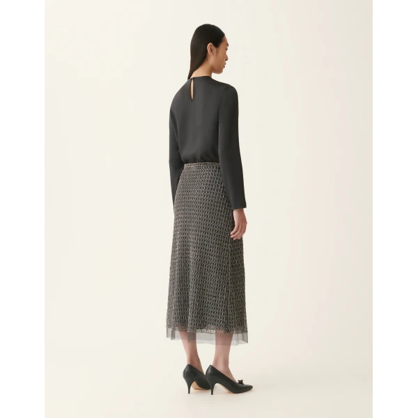 Fabiana Filippi Moonlight Embroidered Tulle Midi Pencil Skirt in Charcoal