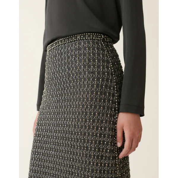 Fabiana Filippi Moonlight Embroidered Tulle Midi Pencil Skirt in Charcoal