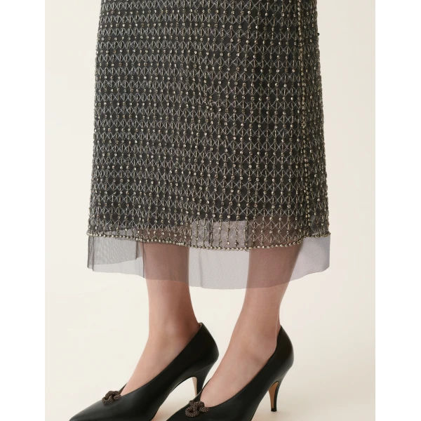 Fabiana Filippi Moonlight Embroidered Tulle Midi Pencil Skirt in Charcoal