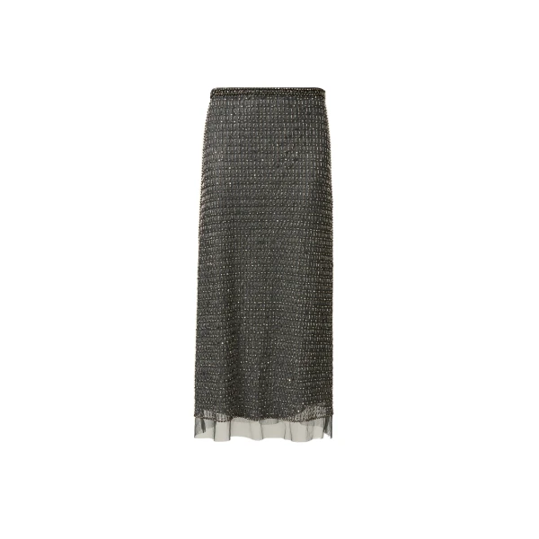 Moonlight Embroidered Tulle Midi Pencil Skirt in Charcoal