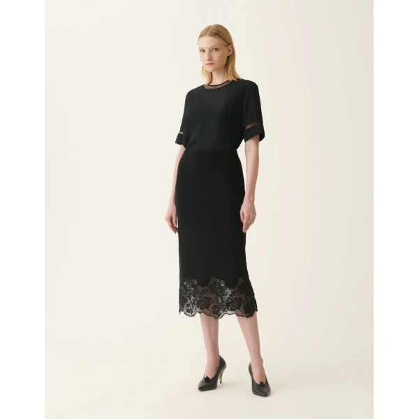 Fabiana Filippi Platinum and Lace Pencil Skirt in Black