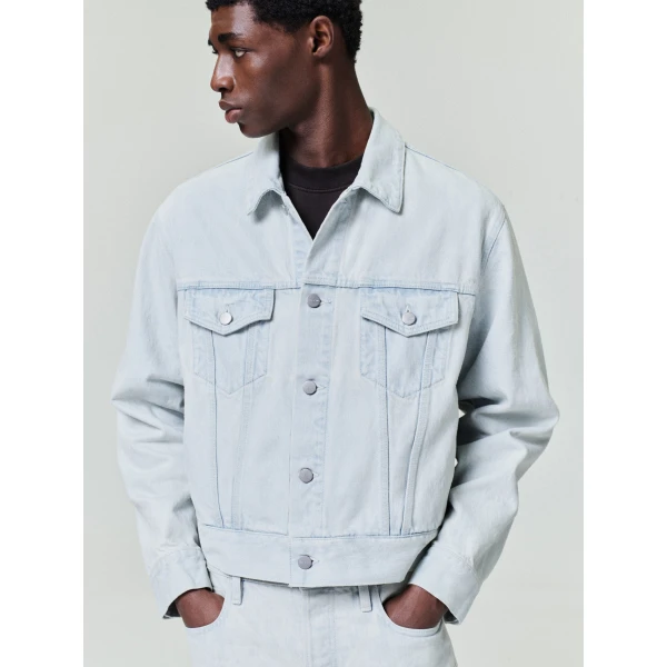 Fear of God Bleached Denim Classic Trucker Jacket in Bleach Wash | Men Jackets | Coveti