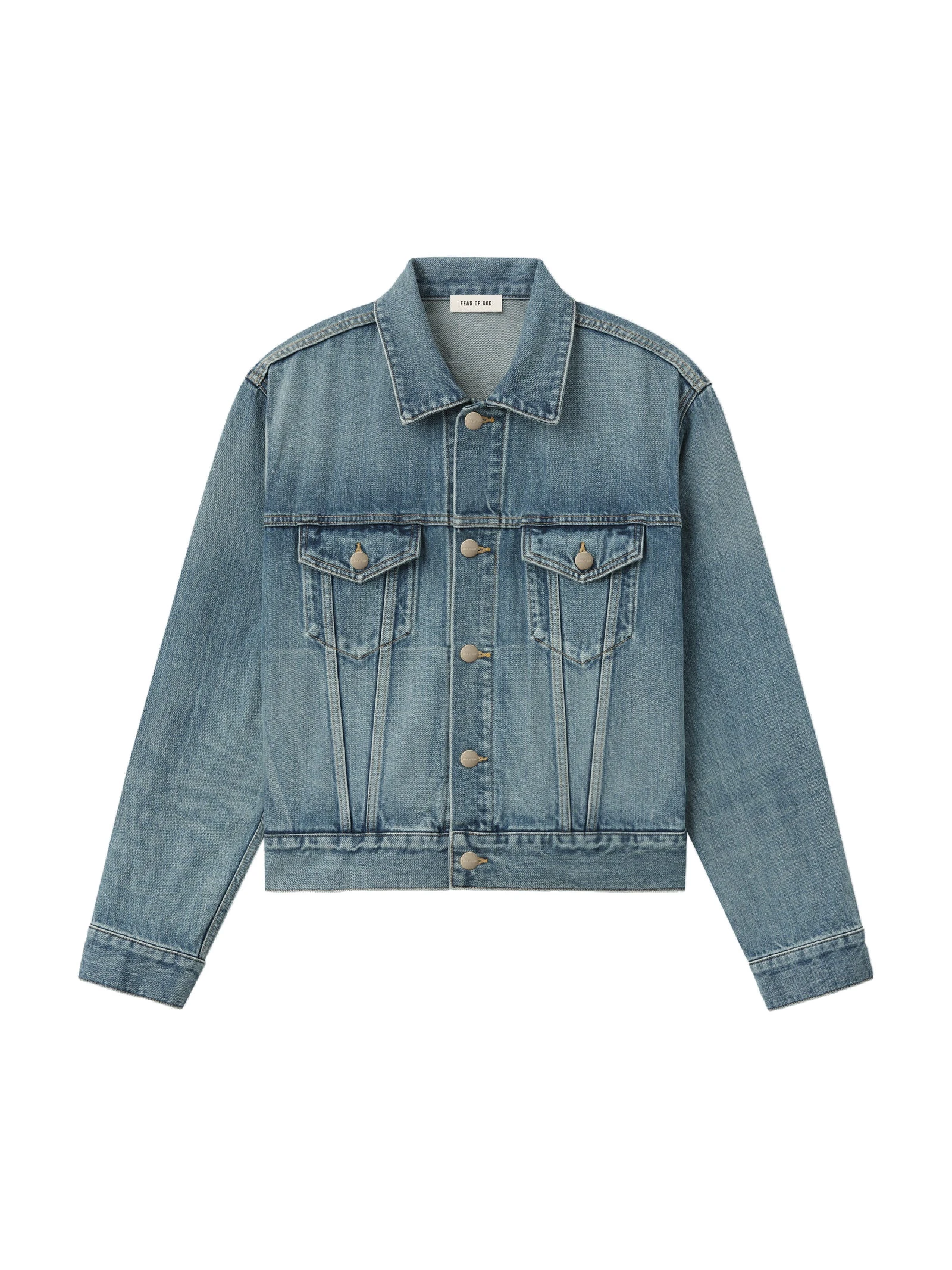 Fear of God Classic Trucker Jacket in Medium Indigo Fear of God Classic Trucker Jacket in Medium Indigo | Coveti
