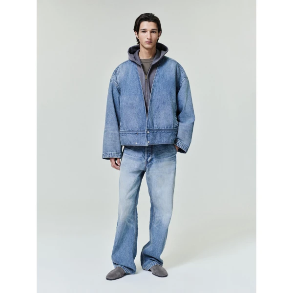 Fear of God Denim Lapelless Jacket in Medium Indigo | Men Jackets | Coveti