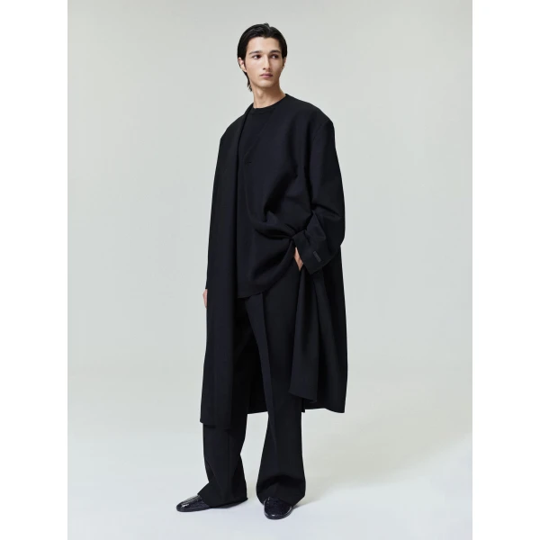 Fear of God Double Weave Wool Double Breasted Lapelless Coat in Black | Men Coats | Coveti