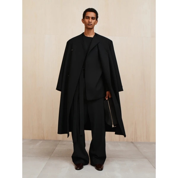 Fear of God Double Weave Wool Double Breasted Lapelless Coat in Black | Men Coats | Coveti