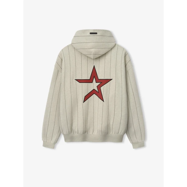 Fear of God Essentials Astros Sport Hoodie in Heather Stone with Black Pinstripes | Sweatshirts | Coveti
