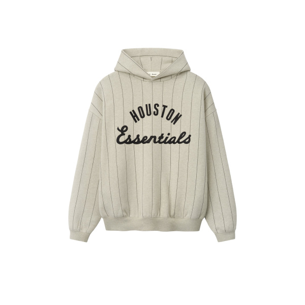 Fear of God Essentials Astros Sport Hoodie in Heather Stone with Black Pinstripes | Coveti