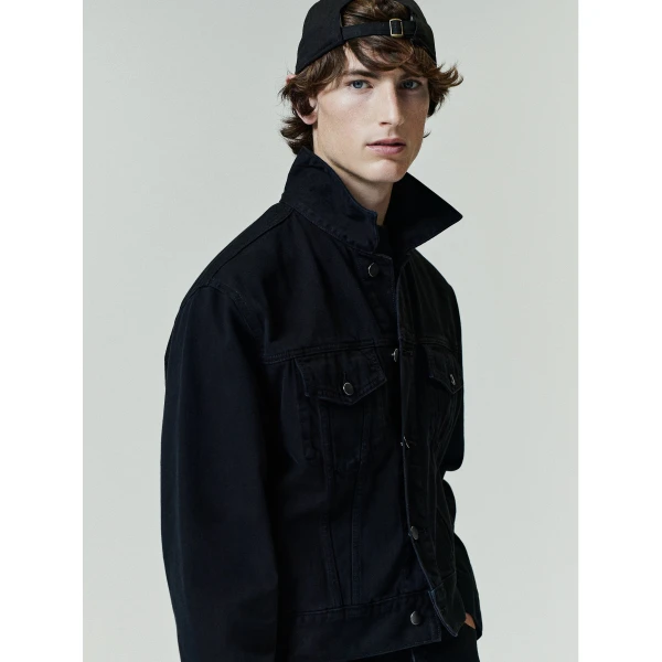 Fear of God Essentials Classic Denim Jacket in Overdyed Black | Men Jackets | Coveti