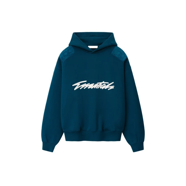 Fear of God Essentials Classic Half Raglan Hoodie in Night Sea | Coveti