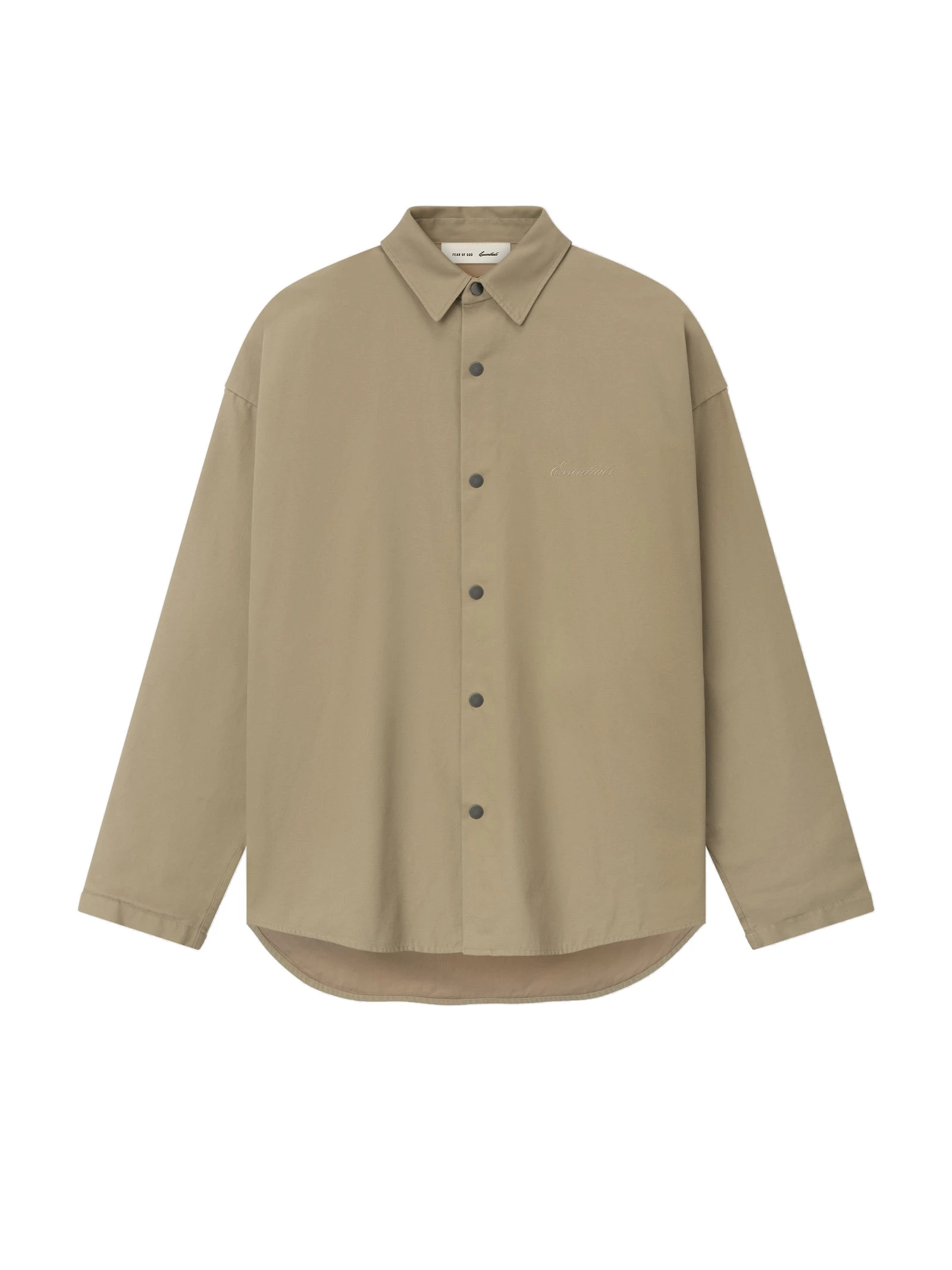 Fear of God Essentials Cotton Canvas Overshirt in Dune Fear of God Essentials Cotton Canvas Overshirt in Dune | Coveti