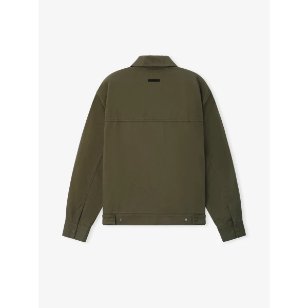 Fear of God Essentials Cotton Twill Work Jacket in Moss | Men Jackets | Coveti