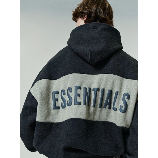 Fear of God Essentials Cropped Relaxed Panelled Hoodie in Iron Grey Heather and Seal Heather | Sweatshirts | Coveti