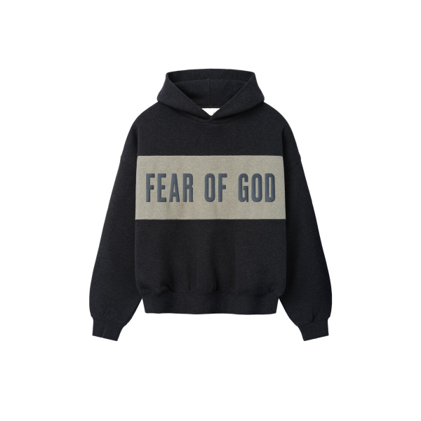 Fear of God Essentials Cropped Relaxed Panelled Hoodie in Iron Grey Heather and Seal Heather | Coveti