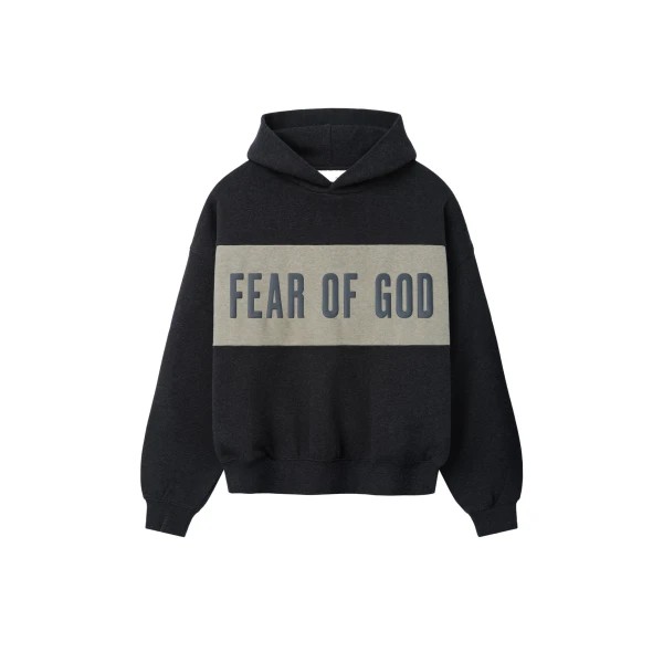 Essentials Cropped Relaxed Panelled Hoodie in Iron Grey Heather and Seal Heather