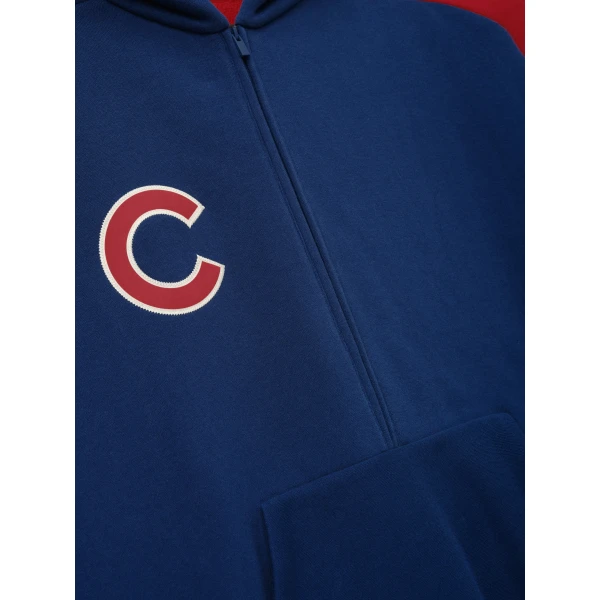 Fear of God Essentials Cubs Raglan Half Zip Sport Hoodie in Estate Blue and Stone Red | Sweatshirts | Coveti