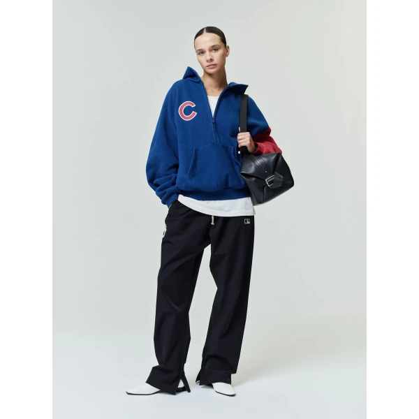 Fear of God Essentials Cubs Raglan Half Zip Sport Hoodie in Estate Blue and Stone Red | Sweatshirts | Coveti
