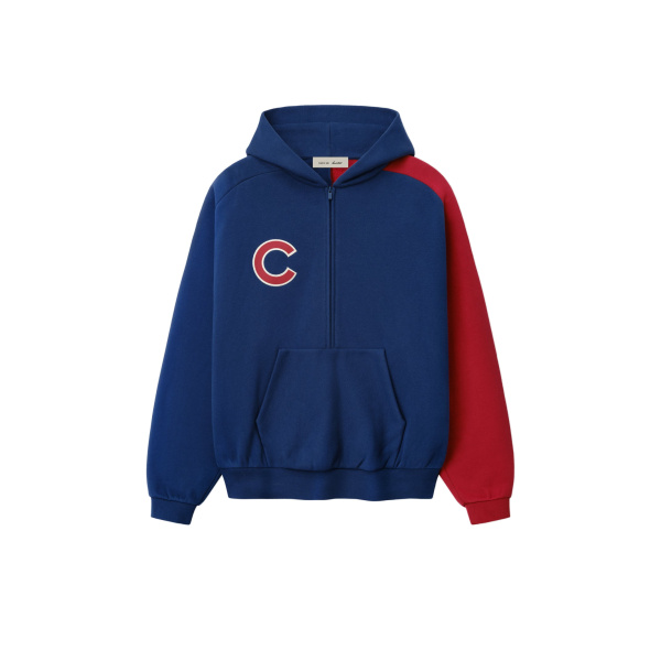 Fear of God Essentials Cubs Raglan Half Zip Sport Hoodie in Estate Blue and Stone Red | Coveti