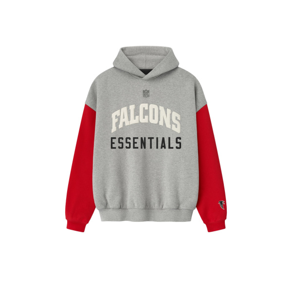 Fear of God Essentials Falcons Sport Hoodie in Concrete Heather and Red | Coveti