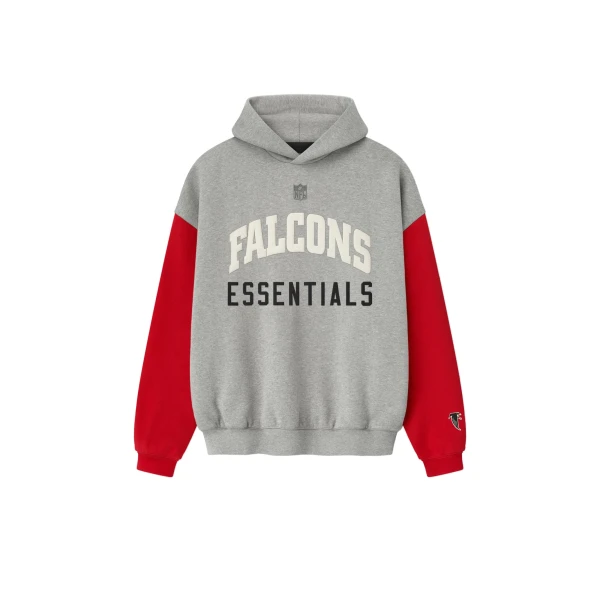 Fear of God Essentials Falcons Sport Hoodie in Concrete Heather and Red | Coveti